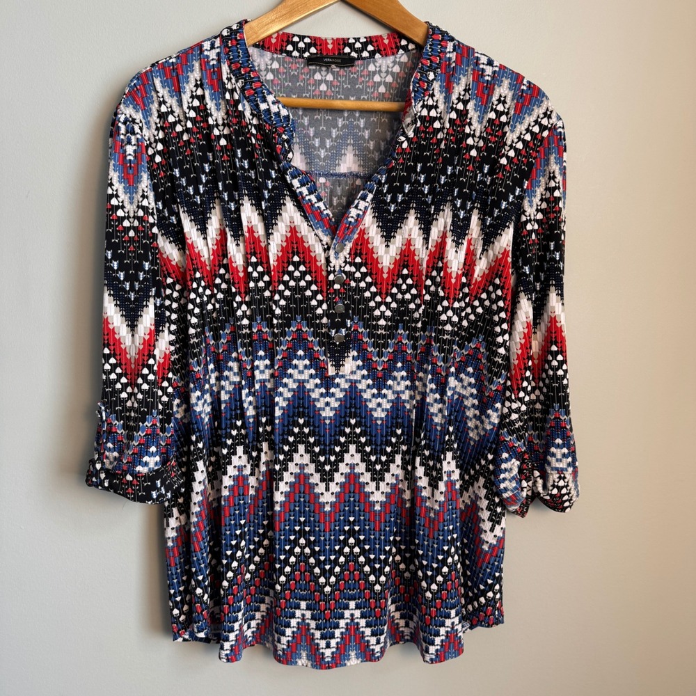 Vera Rose Geometric Chevron Roll Tab Sleeve Blouse Multicolor Tribal Aztec